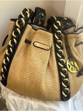Michael Kors Black & Natural Straw Chain-Trim Drawstring Tote